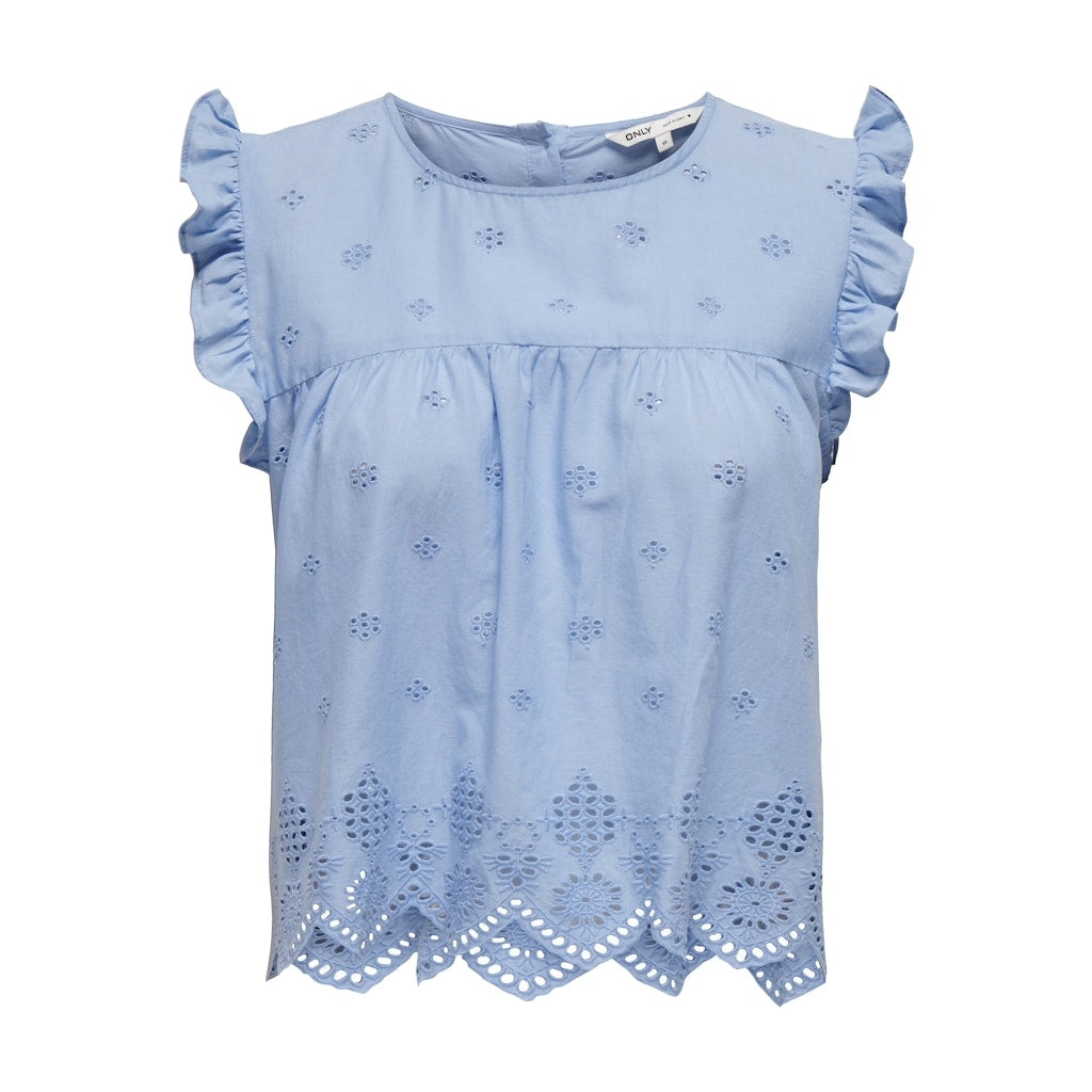 Elegant Broderet Top i Bel Air Blå – Garderobens Must-Have