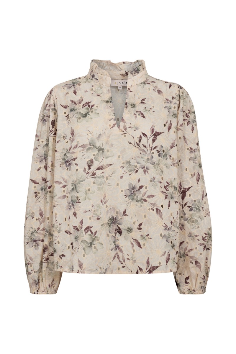 A-View - Bluse - Grete Blouse - Off white/Dusty green (Levering slut juli)