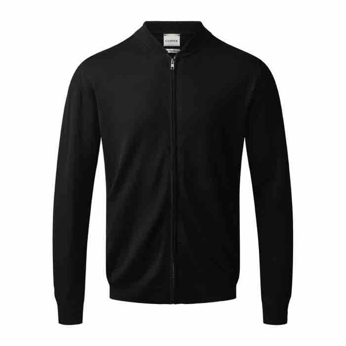 Clipper Turin Bomber Cardigan i Sort – Elegant Merino Uld