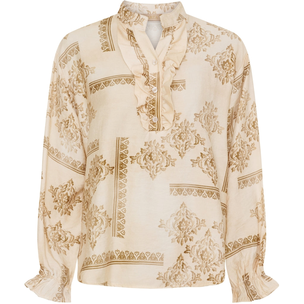 Elegant beige bluse med flæser – et must-have til garderoben