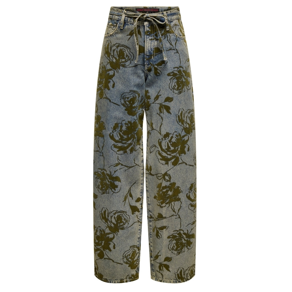 Mellemblå Damejeans med Blomsterprint - Uundgåelig Stil!