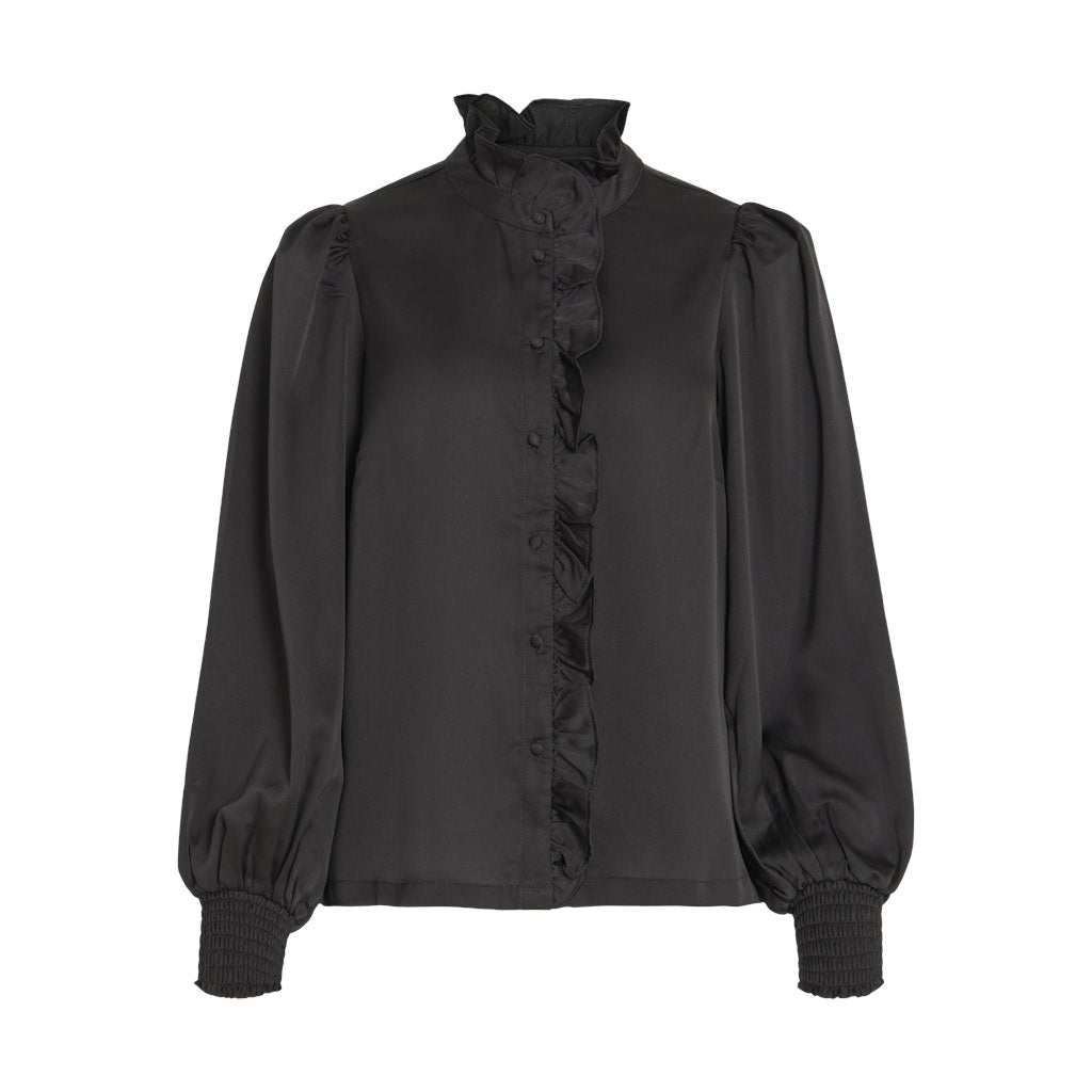 Elegant Satinlook Skjorte med Flæser – Uundgåelig Stil!