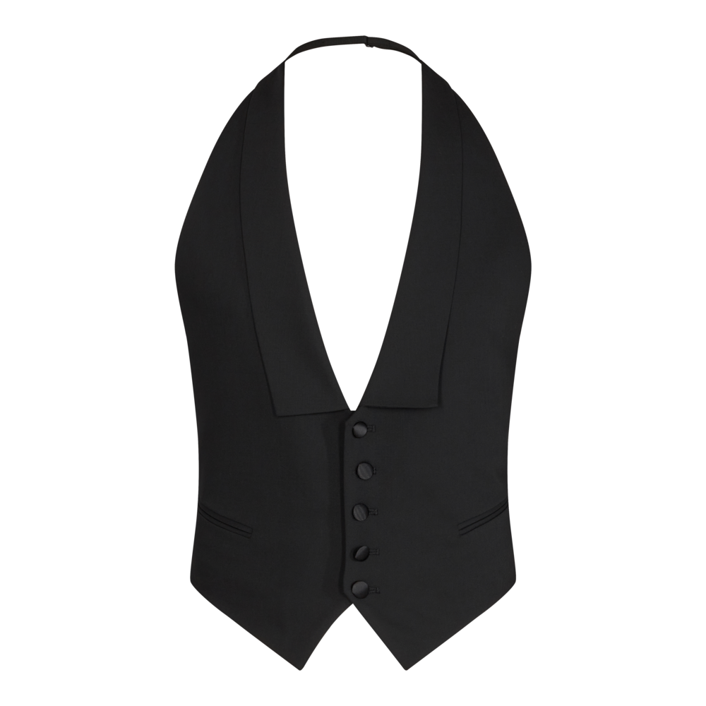 Elegant Rygfri Kjole med Hvid Vest – Perfekt til Fest!