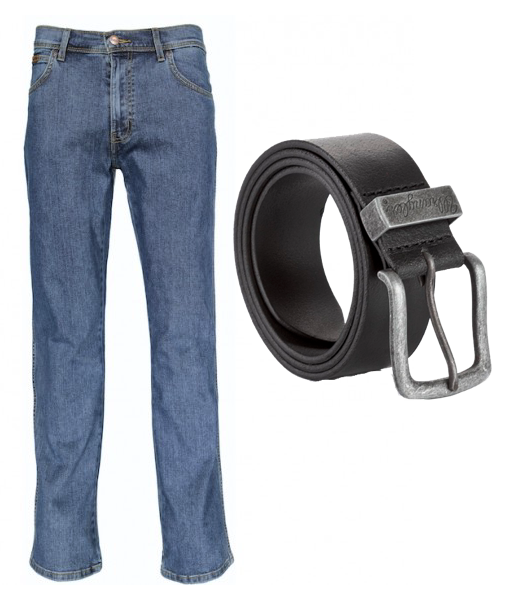 Wrangler Texas Stretch Jeans med Læderbælte – Stonewash Tilbud!
