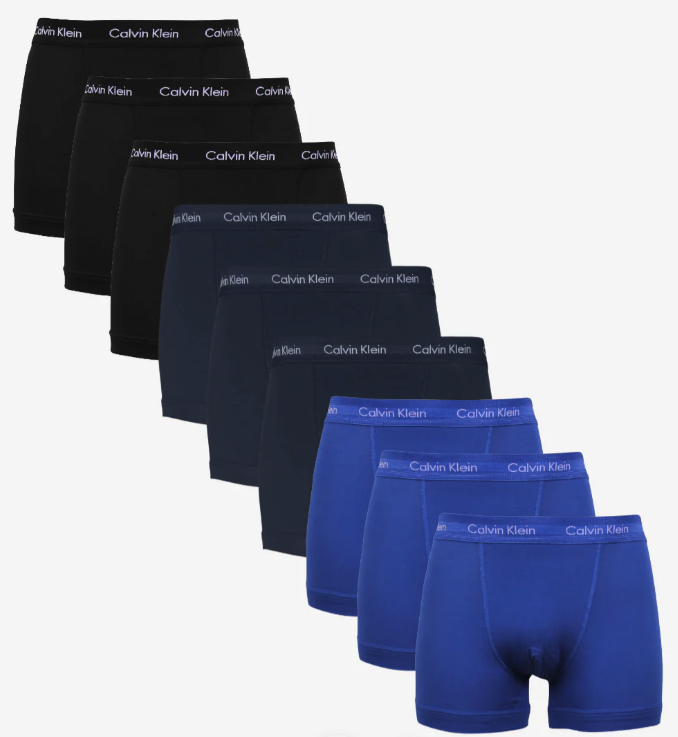 Calvin Klein Trunks 9-pak – Sort/Mørkeblå/Blå Tilbud!