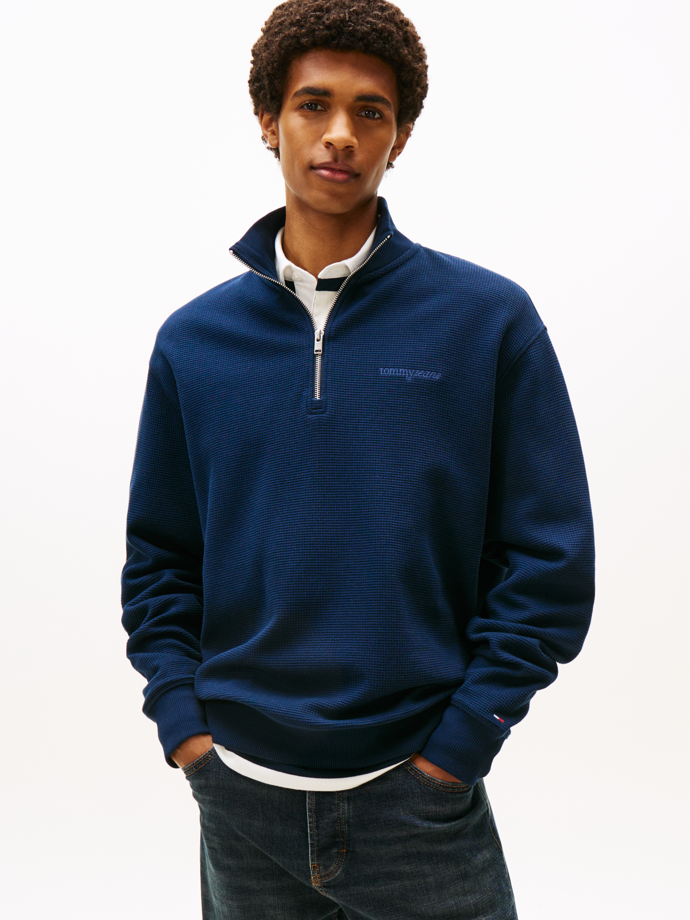 Tommy Hilfiger Halv Lynlås Strik i Økologisk Bomuld - Navy
